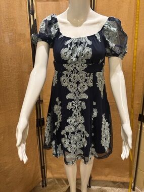 Altar'd State Navy Dress with Silver Floral Embroidery